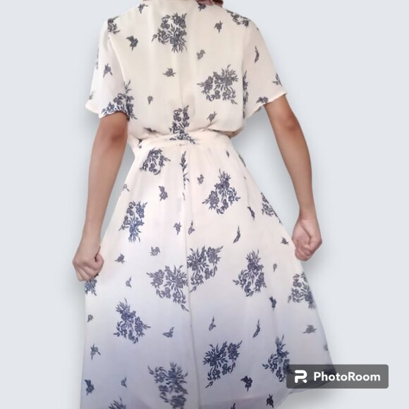 Cream Floral Tie Waist Midi Dress Lined Flowy Summer Tan Beige Flower Lounge XS - Picture 4 of 6